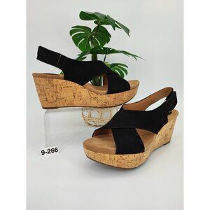 Clarks Women's Artisan Black Slingback Cork Platform Wedge Sandals Size 9.5W US